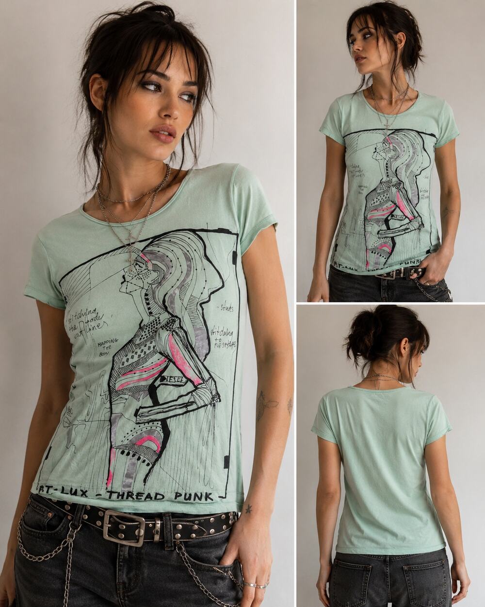 Diesel T-Lux Thread Punk Graphic Tee Mint Green Artsy Y2K Women’s Large